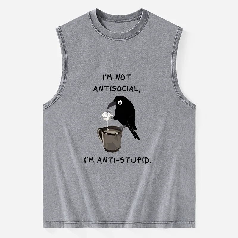 Tokyo-Tiger Cool Crow Sips Calm Coffee Alone Washed Tank