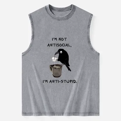 Tokyo-Tiger Cool Crow Sips Calm Coffee Alone Washed Tank
