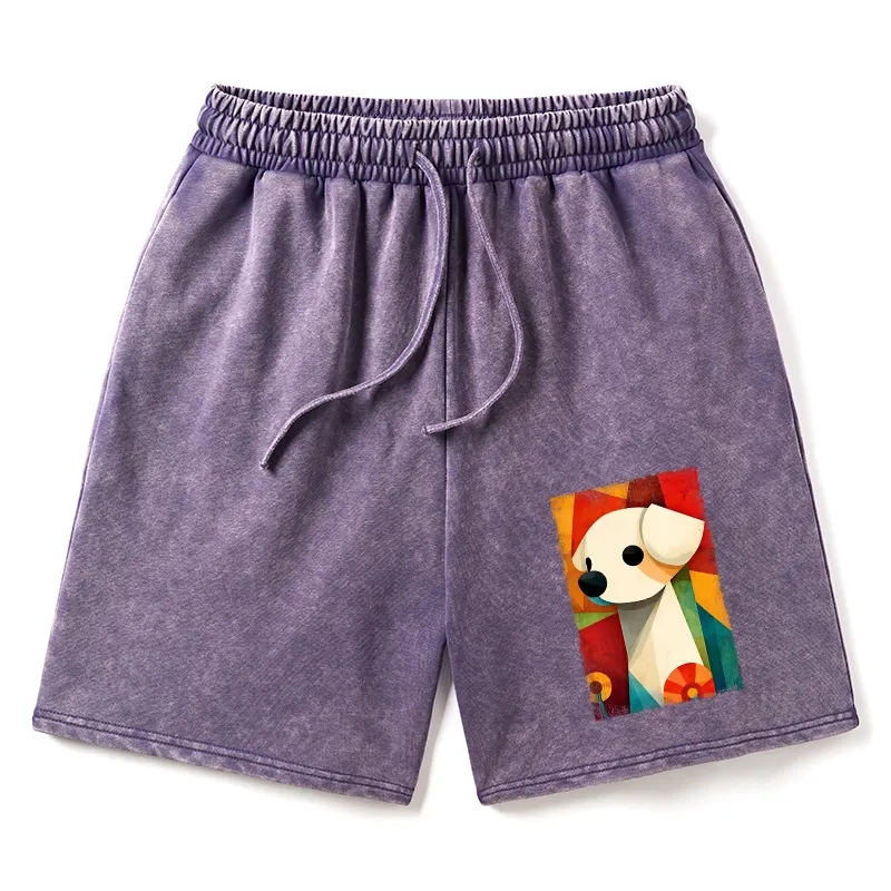 Tokyo-Tiger Retro Abstract Color Block Puppy Art Washed Shorts