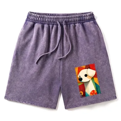Tokyo-Tiger Retro Abstract Color Block Puppy Art Washed Shorts