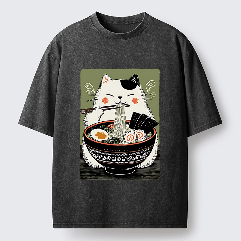 Tokyo-Tiger Cat Eating Ramen Meme Washed T-Shirt