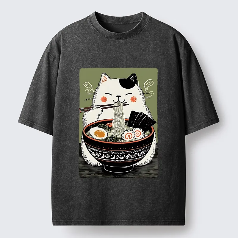 Tokyo-Tiger Cat Eating Ramen Meme Washed T-Shirt