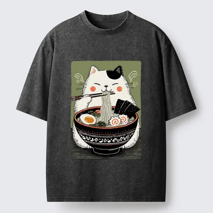 Tokyo-Tiger Cat Eating Ramen Meme Washed T-Shirt