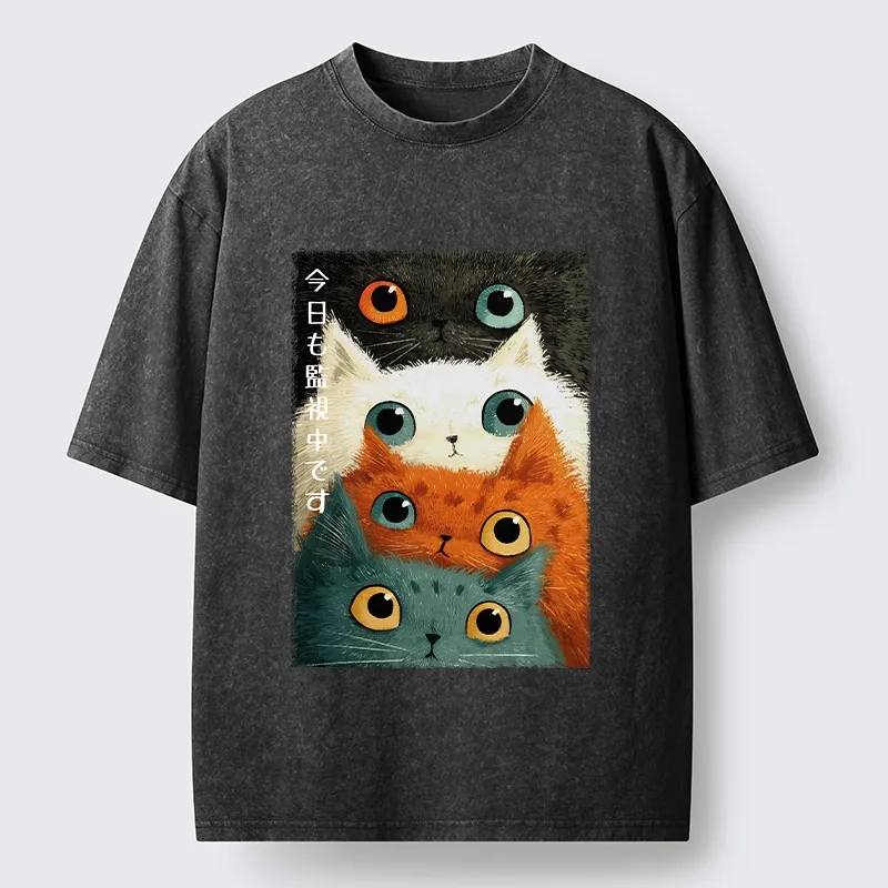 Tokyo-Tiger Watching Stacked Cats Washed T-Shirt