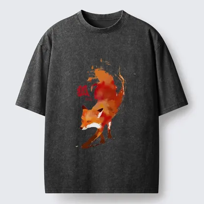 Tokyo-Tiger Watercolor Red Fox Art Washed T-Shirt