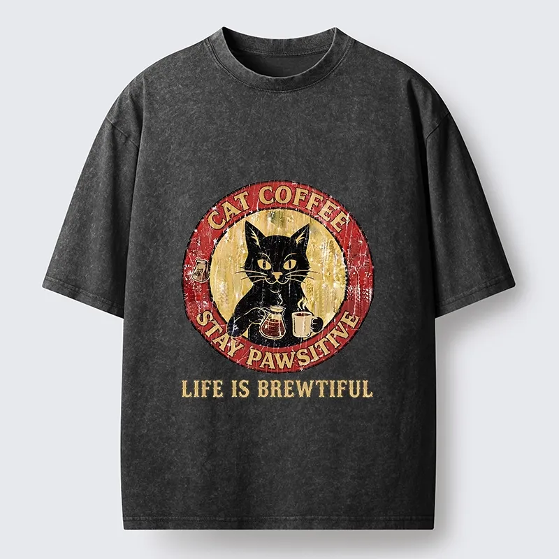 Tokyo-Tiger Cat Coffee Positive Vibes Washed T-Shirt