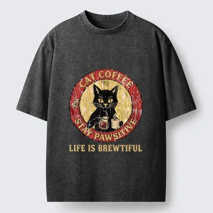 Tokyo-Tiger Cat Coffee Positive Vibes Washed T-Shirt