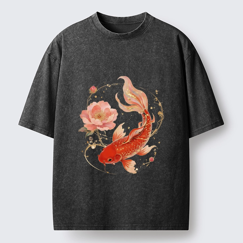 Tokyo-Tiger Lucky Koi Peony Art Washed T-Shirt