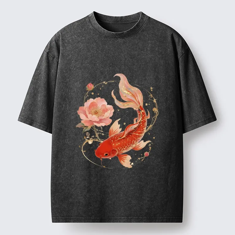 Tokyo-Tiger Lucky Koi Peony Art Washed T-Shirt