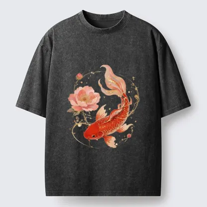 Tokyo-Tiger Lucky Koi Peony Art Washed T-Shirt