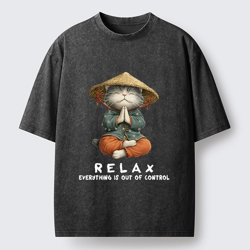 Tokyo-Tiger Zen Relax Cat Graphic Washed T-Shirt