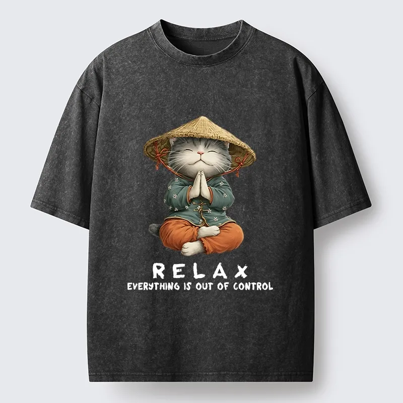Tokyo-Tiger Zen Relax Cat Graphic Washed T-Shirt