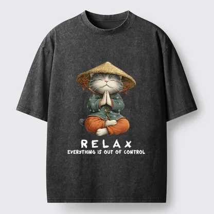 Tokyo-Tiger Zen Relax Cat Graphic Washed T-Shirt