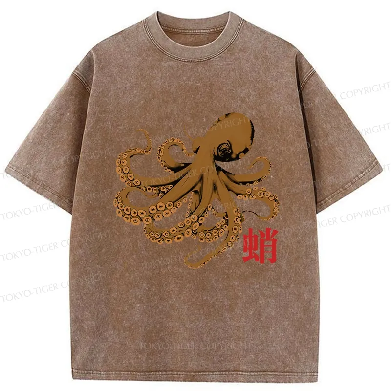Tokyo-Tiger Retro Japanese Octopus Washed T-Shirt