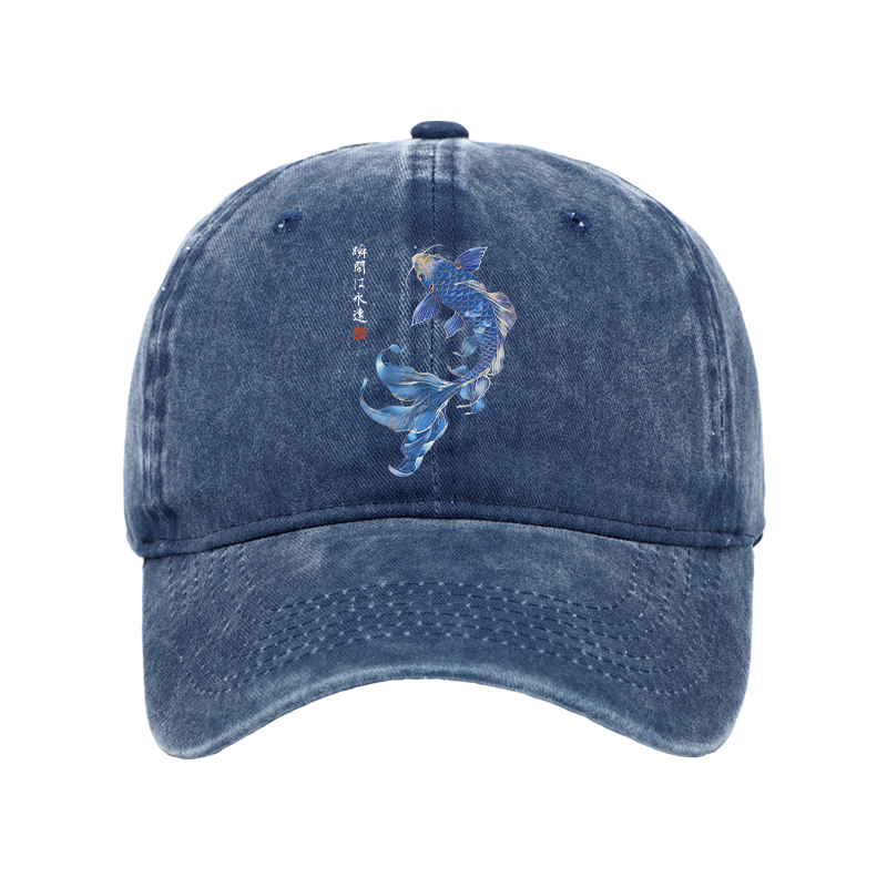 Tokyo-Tiger Lucky Blue Koi Fish Art Washed Cap