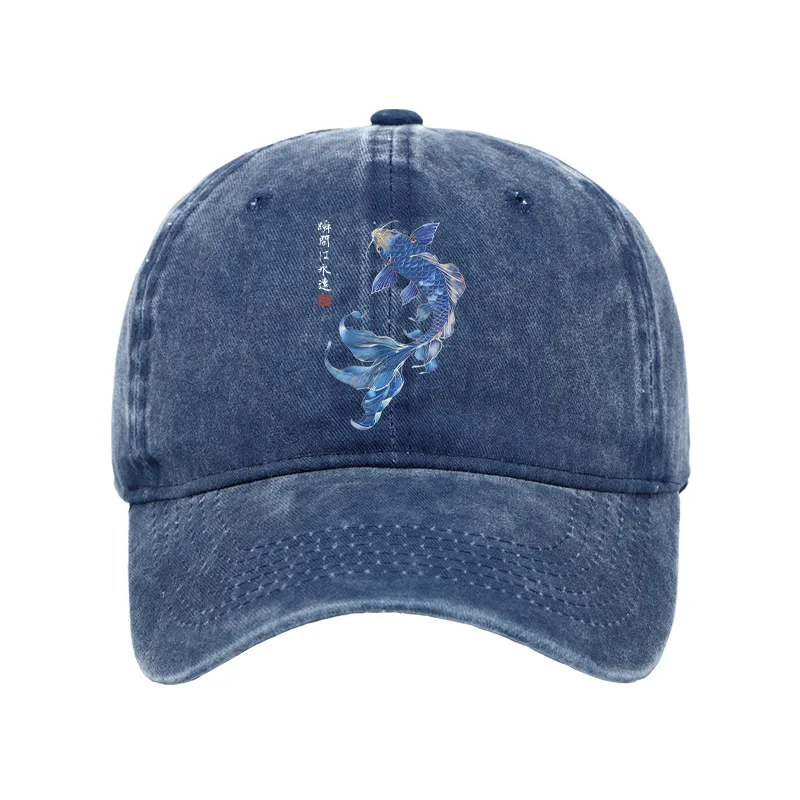 Tokyo-Tiger Lucky Blue Koi Fish Art Washed Cap