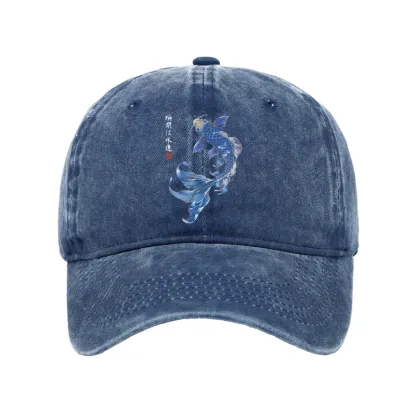 Tokyo-Tiger Lucky Blue Koi Fish Art Washed Cap