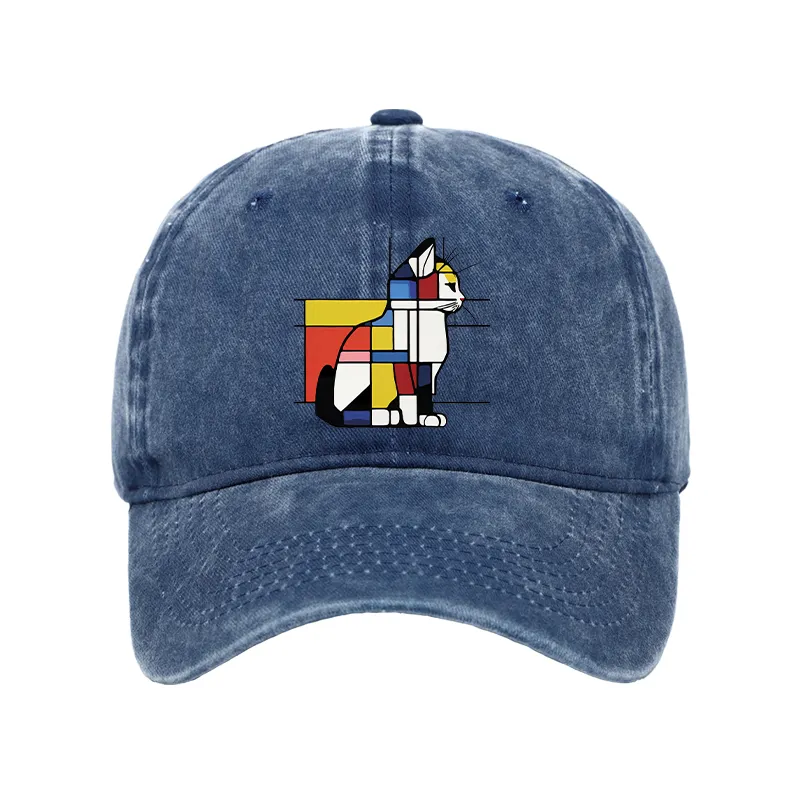 Tokyo-Tiger Geometric Cat Art In Primary Colors Washed Cap