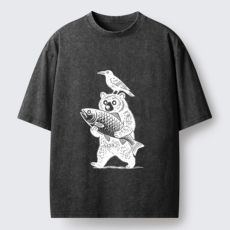 Tokyo-Tiger Bear Fish Crow Print Washed T-Shirt