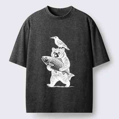 Tokyo-Tiger Bear Fish Crow Print Washed T-Shirt