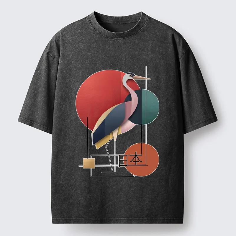 Tokyo-Tiger Geometric Crane Art Washed T-Shirt