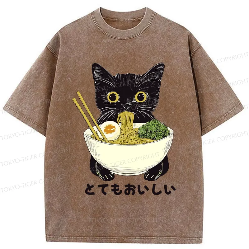 Tokyo-Tiger Ramen Lover Cute Cat Washed T-Shirt