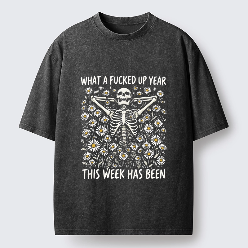 Tokyo-Tiger Bad Week Skeleton Quote Washed T-Shirt