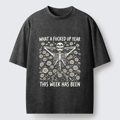 Tokyo-Tiger Bad Week Skeleton Quote Washed T-Shirt