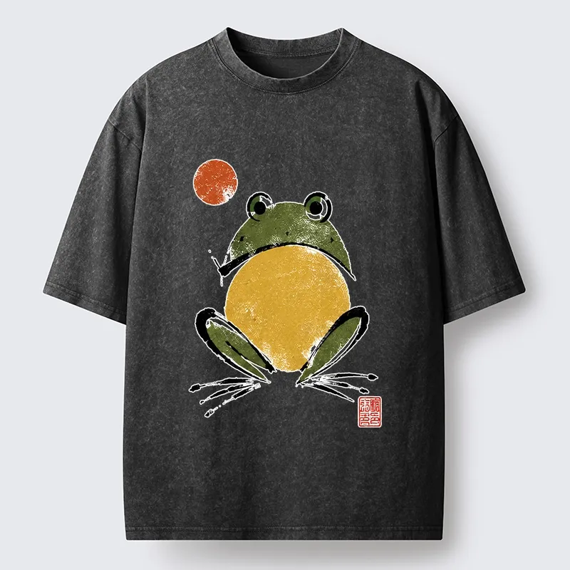 Tokyo-Tiger Ink Style Frog Art Washed T-Shirt