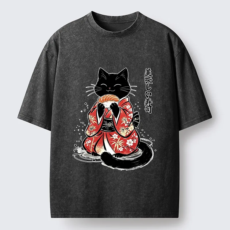 Tokyo-Tiger Sushi Loving Black Cat Washed T-Shirt