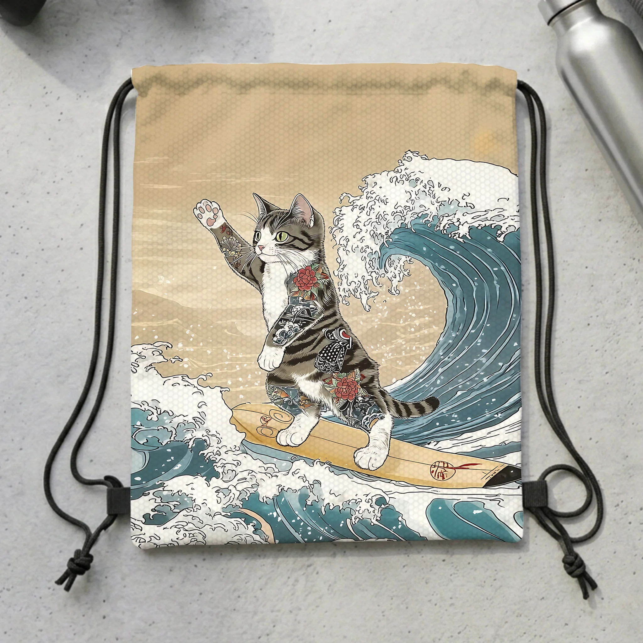 Tokyo-Tiger Cat Surfing Drawstring Backpack