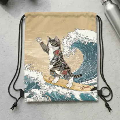 Tokyo-Tiger Cat Surfing Drawstring Backpack