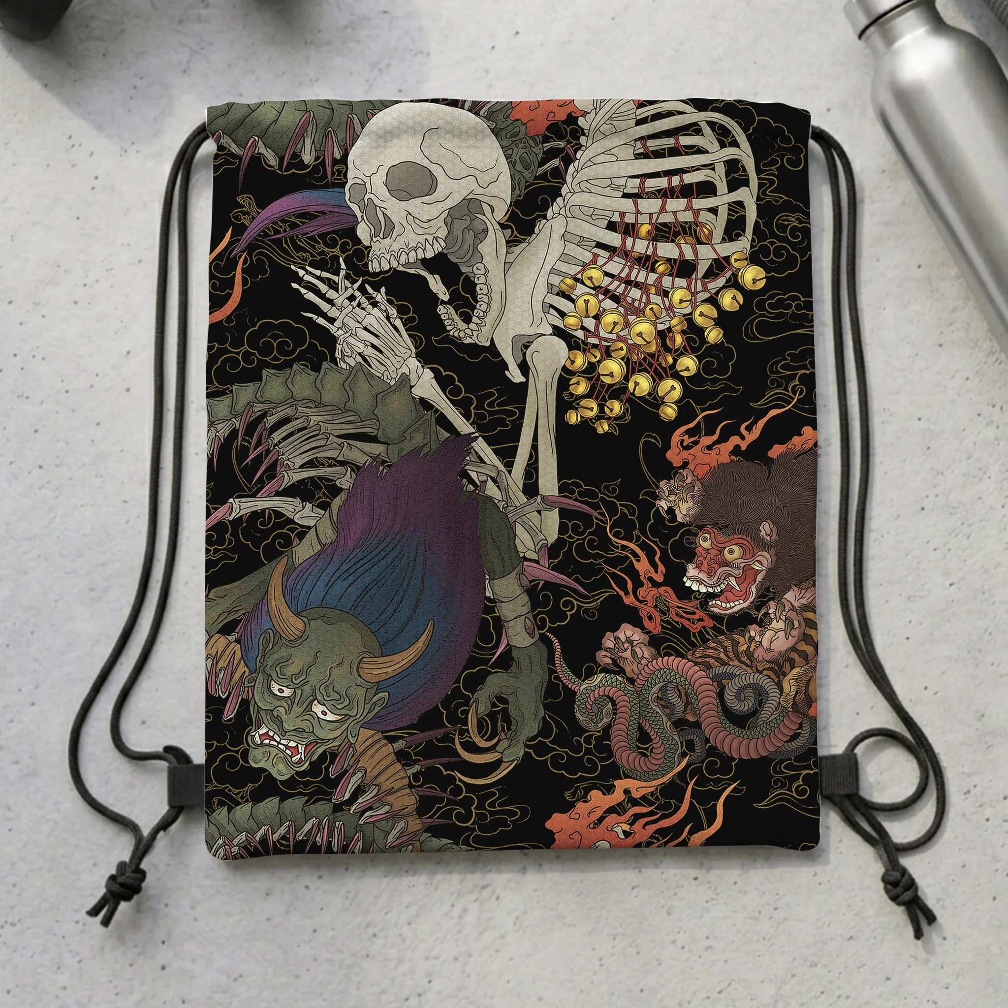Tokyo-Tiger Japanese Yokai And Skeletons Drawstring Backpack
