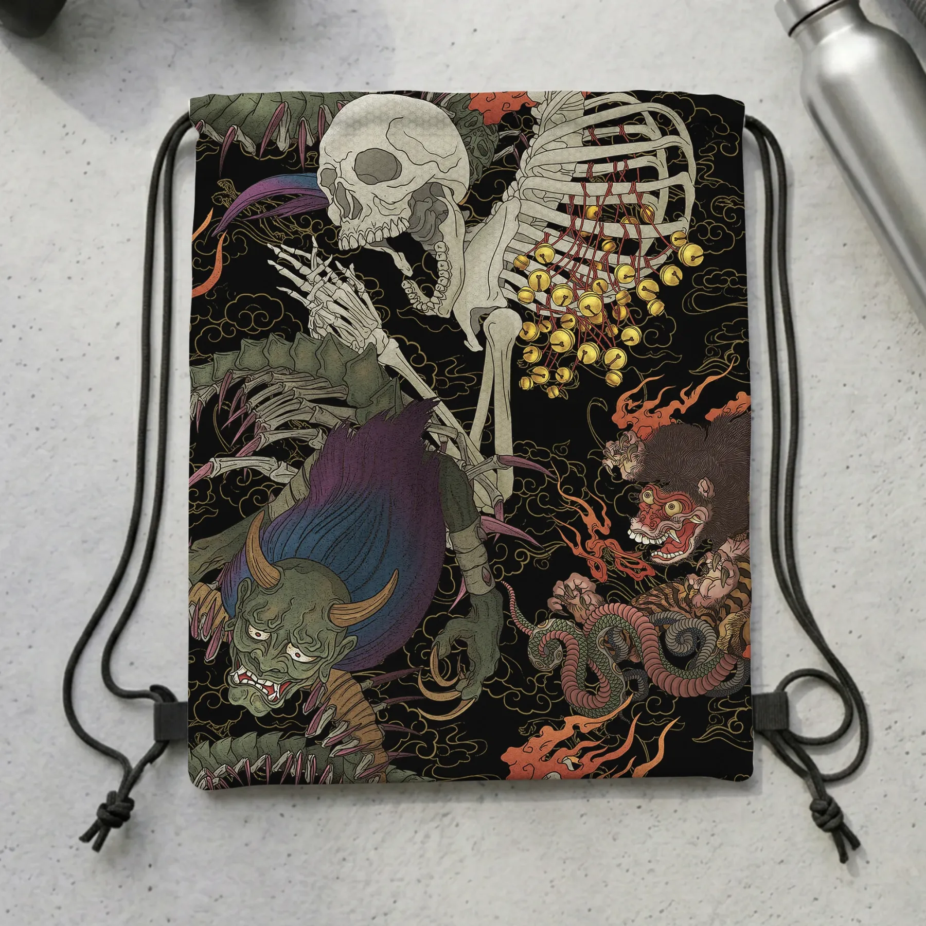 Tokyo-Tiger Japanese Yokai And Skeletons Drawstring Backpack