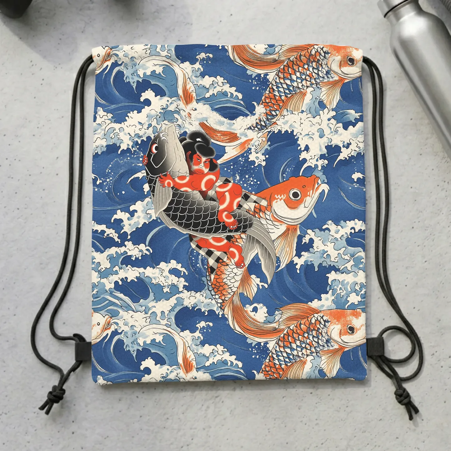 Tokyo-Tiger Sumo Wrestler Holding A Koi Drawstring Backpack