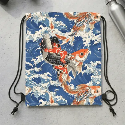 Tokyo-Tiger Sumo Wrestler Holding A Koi Drawstring Backpack
