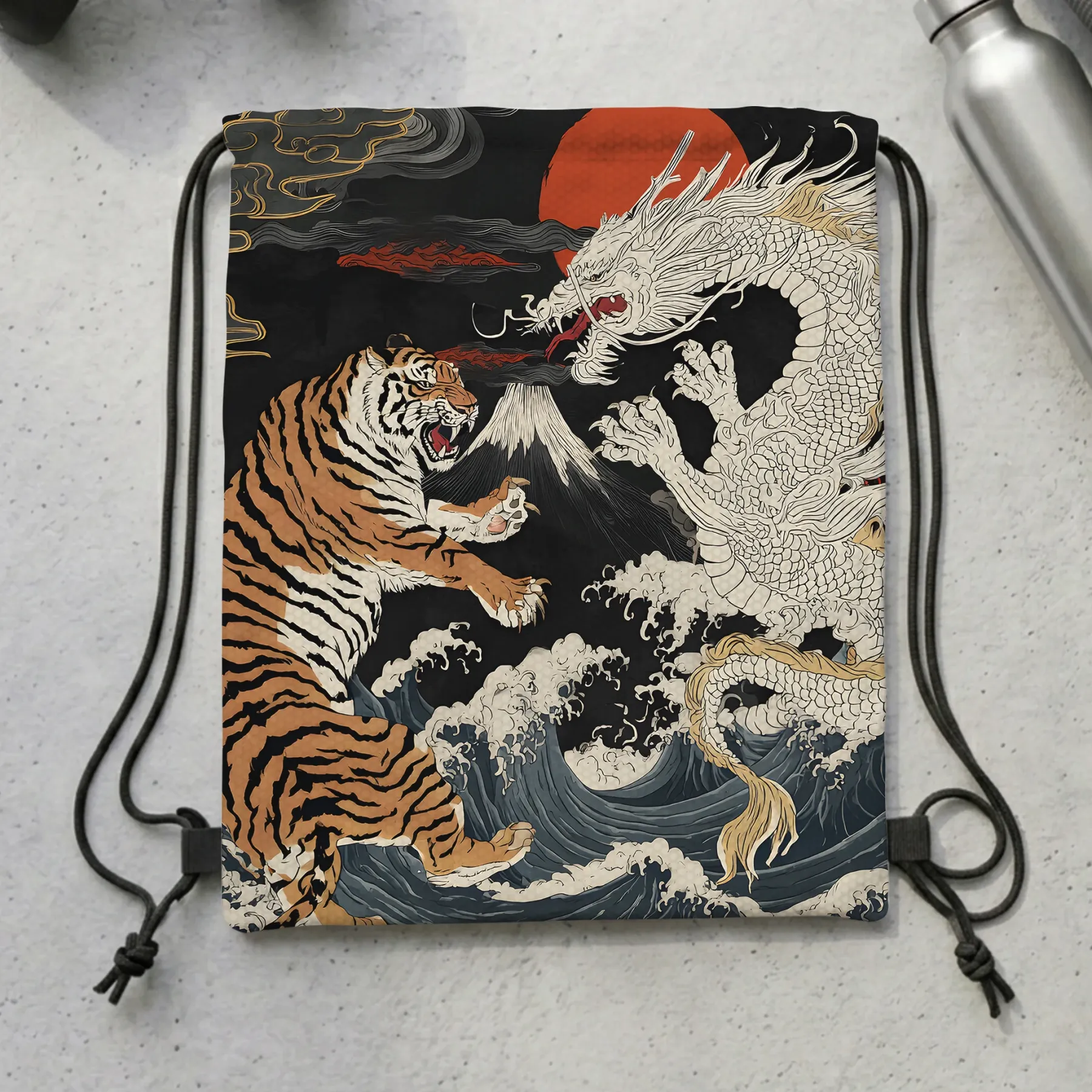 Tokyo-Tiger Fight Between Dragon And Tiger Drawstring Backpack
