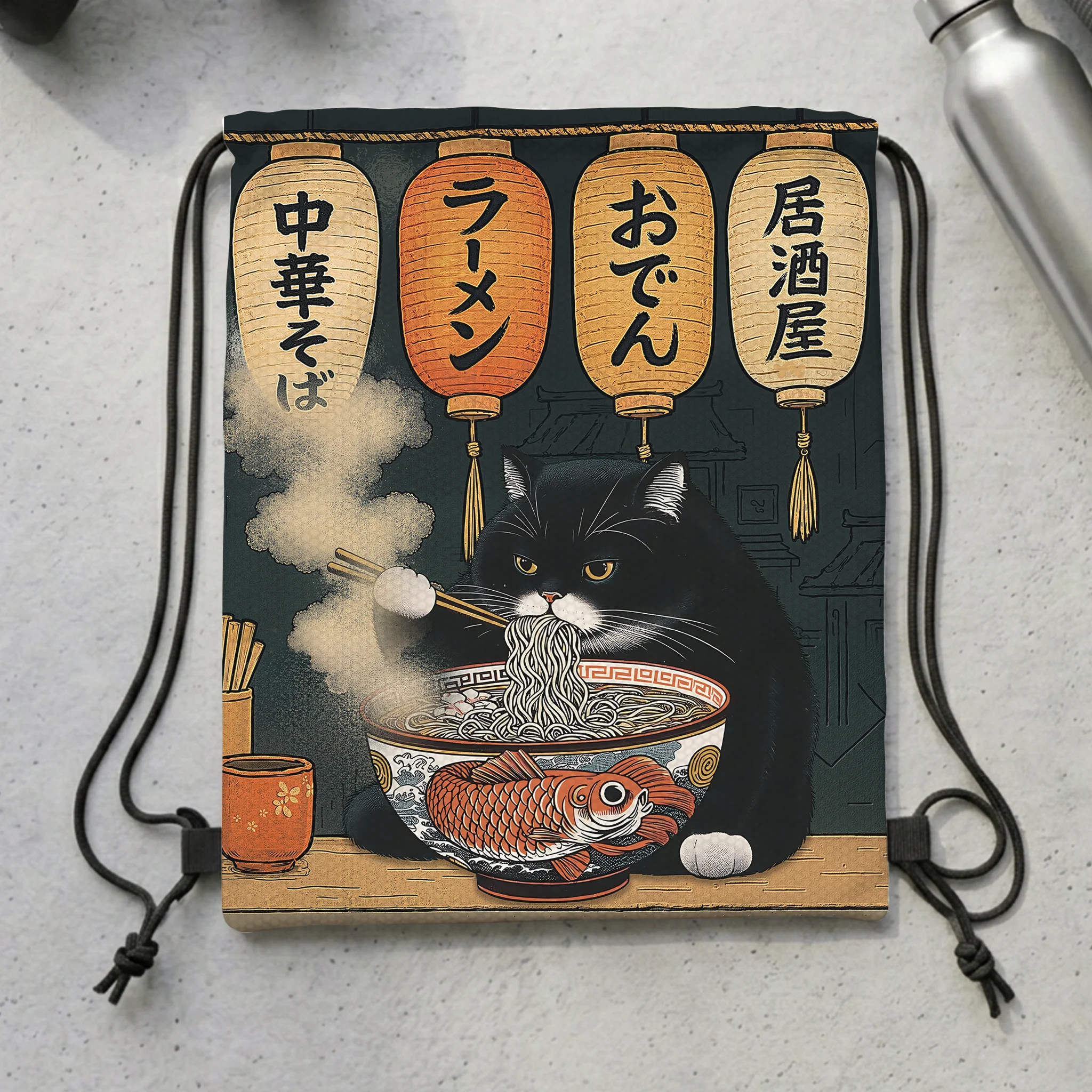 Tokyo-Tiger Fat Cat Eating Ramen Drawstring Backpack