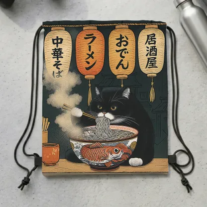 Tokyo-Tiger Fat Cat Eating Ramen Drawstring Backpack