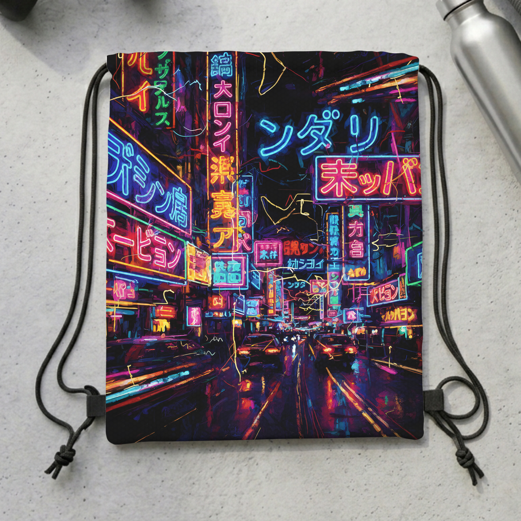 Tokyo-Tiger Tokyo Street Scene Drawstring Backpack