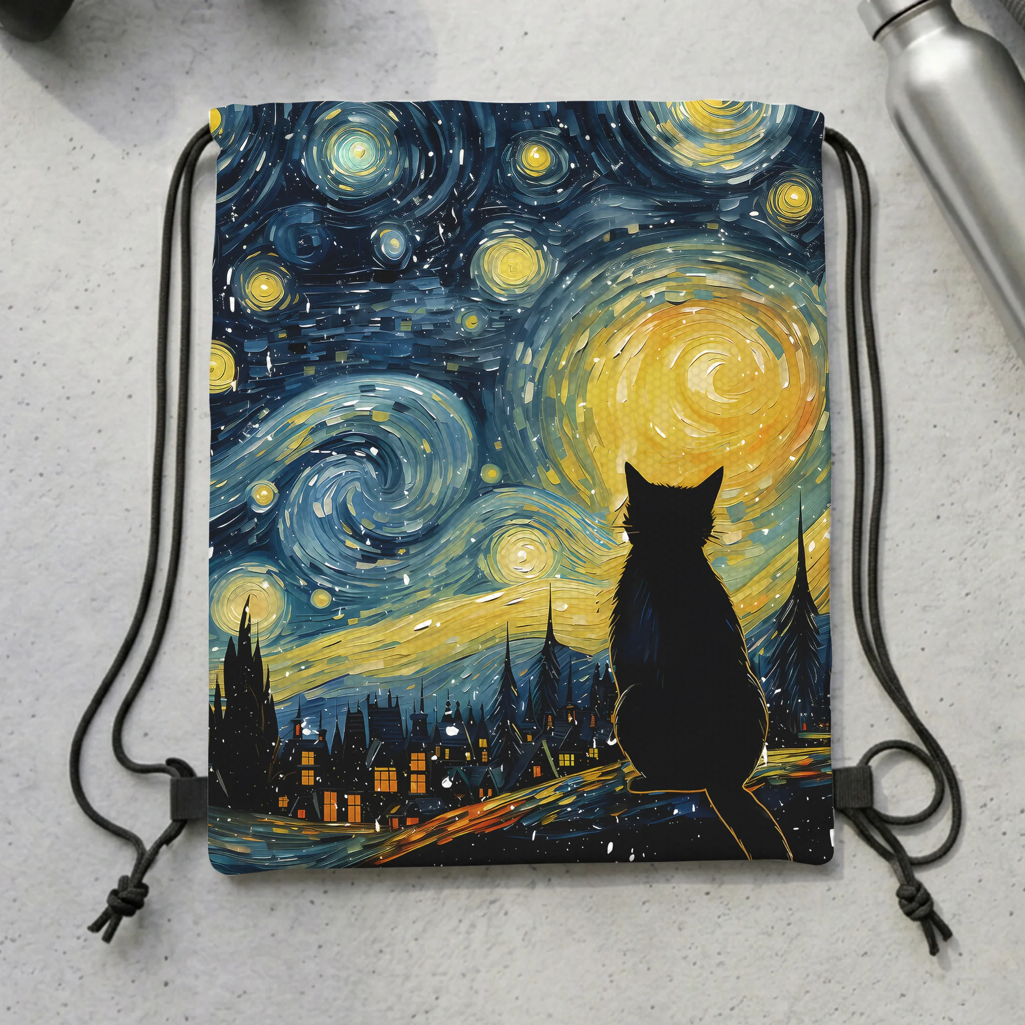 Tokyo-Tiger Black Cat Under The Stars Drawstring Backpack