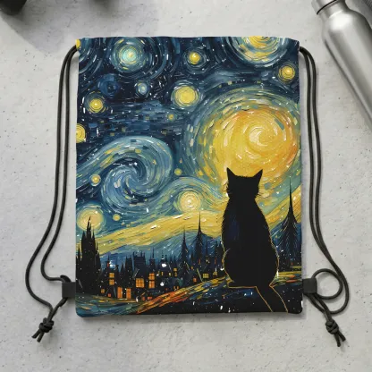 Tokyo-Tiger Black Cat Under The Stars Drawstring Backpack