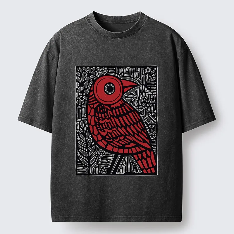 Tokyo-Tiger Retro Woodblock Bird Washed T-Shirt