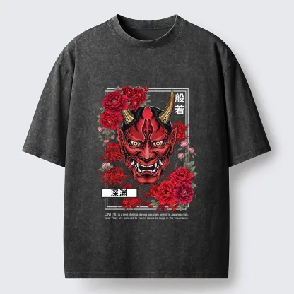 Tokyo‑Tiger Cool Oni Floral Art Washed T‑-Shirt