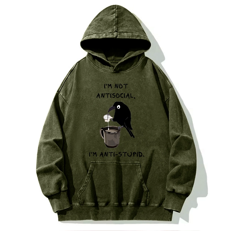 Tokyo-Tiger Cool Crow Sips Calm Coffee Alone Washed Hoodie
