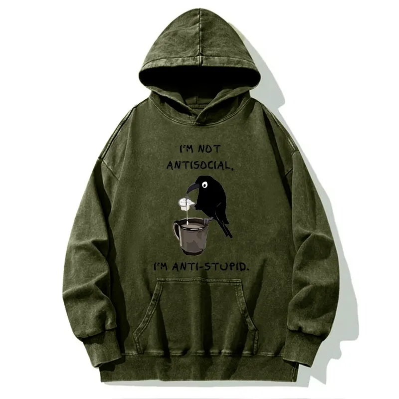 Tokyo-Tiger Cool Crow Sips Calm Coffee Alone Washed Hoodie