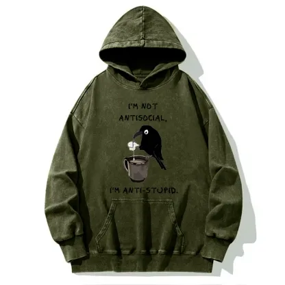 Tokyo-Tiger Cool Crow Sips Calm Coffee Alone Washed Hoodie