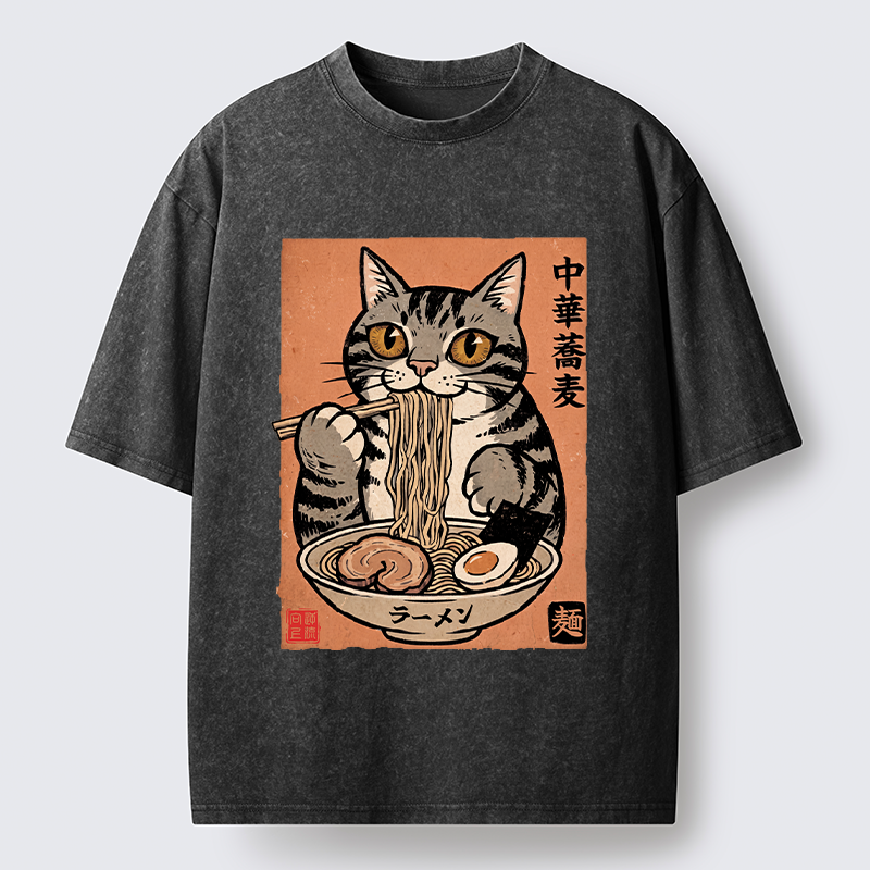 Tokyo‑Tiger Tanuki Eating Ramen Washed T-Shirt