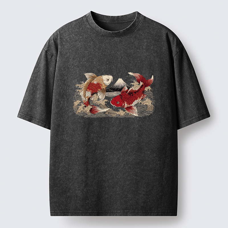 Tokyo‑Tiger Koi And Mount Fuji Washed T-Shirt