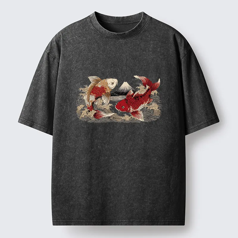 Tokyo‑Tiger Koi And Mount Fuji Washed T-Shirt